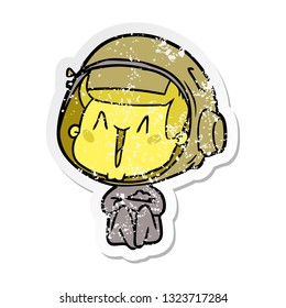 distressed sticker of a happy cartoon astronaut