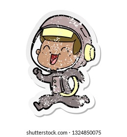 distressed sticker of a happy cartoon astronaut