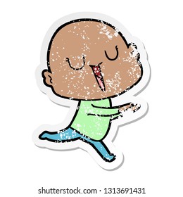 distressed sticker of a happy cartoon bald man