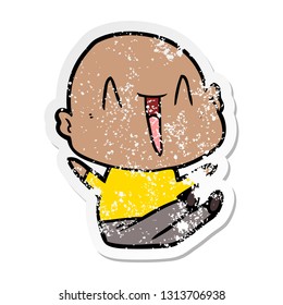distressed sticker of a happy cartoon bald man