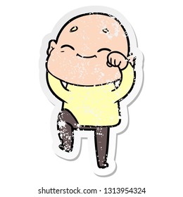distressed sticker of a happy cartoon bald man