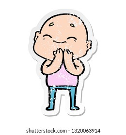 distressed sticker of a happy cartoon bald man