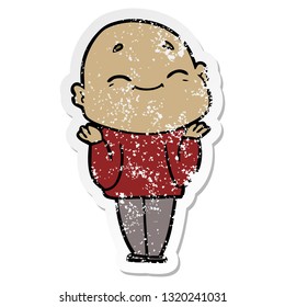 distressed sticker of a happy cartoon bald man