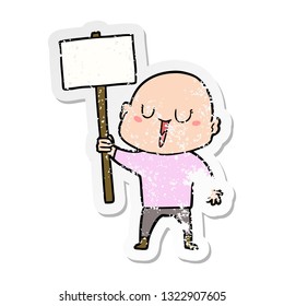 distressed sticker of a happy cartoon bald man with sign