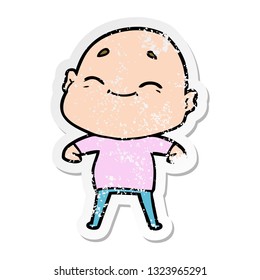 distressed sticker of a happy cartoon bald man