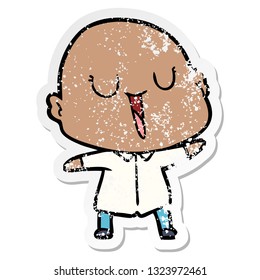 distressed sticker of a happy cartoon bald man