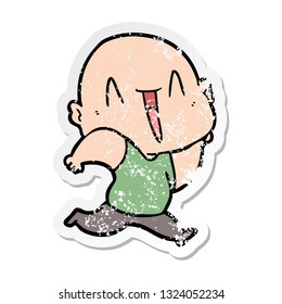 distressed sticker of a happy cartoon bald man