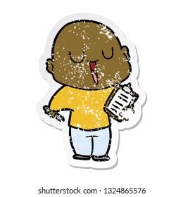 distressed sticker of a happy cartoon bald man