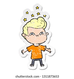 distressed sticker of a happy cartoon boy