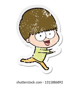 distressed sticker of a happy cartoon boy running