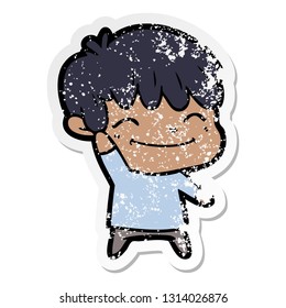 distressed sticker of a happy cartoon boy