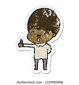 distressed sticker of a happy cartoon boy