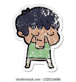 distressed sticker of a happy cartoon boy
