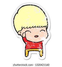 distressed sticker of a happy cartoon boy