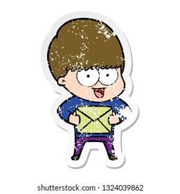 distressed sticker of a happy cartoon boy with present