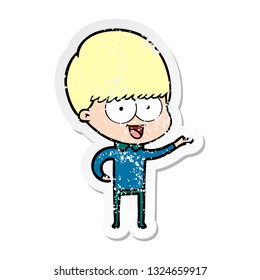 distressed sticker of a happy cartoon boy