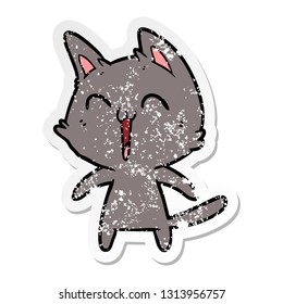 distressed sticker of a happy cartoon cat meowing
