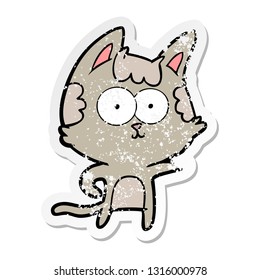 distressed sticker of a happy cartoon cat pointing