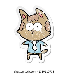 distressed sticker of a happy cartoon cat office worker