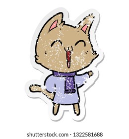 distressed sticker of a happy cartoon cat