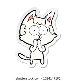 distressed sticker of a happy cartoon cat