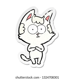 distressed sticker of a happy cartoon cat