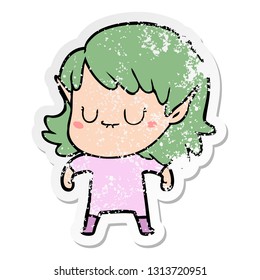 distressed sticker of a happy cartoon elf girl