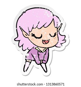 distressed sticker of a happy cartoon elf girl