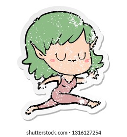 distressed sticker of a happy cartoon elf girl running