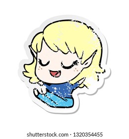 distressed sticker of a happy cartoon elf girl sitting