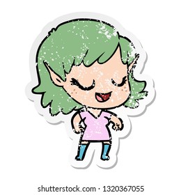 distressed sticker of a happy cartoon elf girl