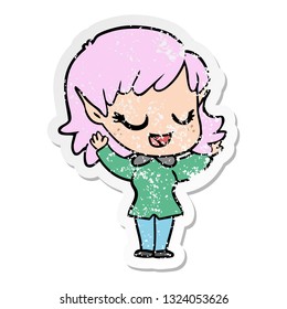 distressed sticker of a happy cartoon elf girl