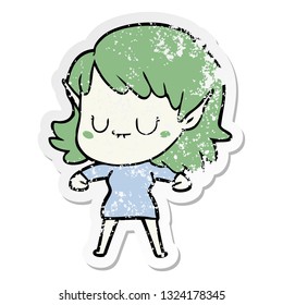 distressed sticker of a happy cartoon elf girl