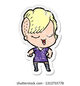distressed sticker of a happy cartoon girl
