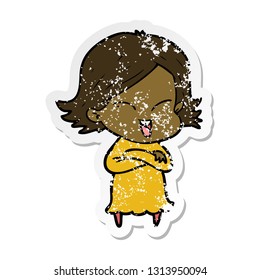 distressed sticker of a happy cartoon girl