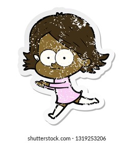 distressed sticker of a happy cartoon girl