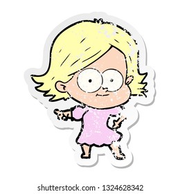 distressed sticker of a happy cartoon girl