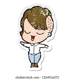 distressed sticker of a happy cartoon girl