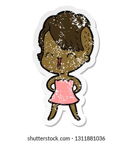 distressed sticker of a happy cartoon hipster girl