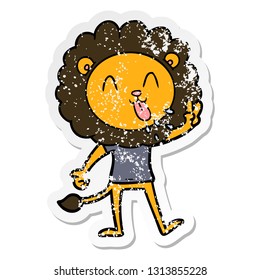 distressed sticker of a happy cartoon lion