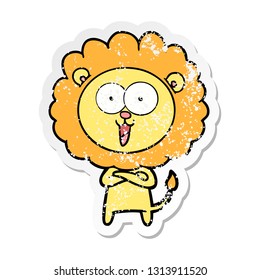 distressed sticker of a happy cartoon lion