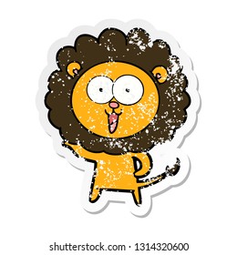 distressed sticker of a happy cartoon lion