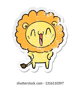 distressed sticker of a happy cartoon lion