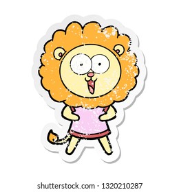 distressed sticker of a happy cartoon lion