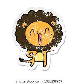distressed sticker of a happy cartoon lion