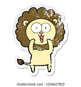 distressed sticker of a happy cartoon lion