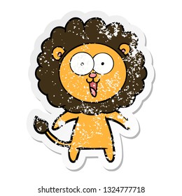 distressed sticker of a happy cartoon lion