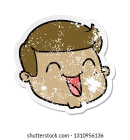 distressed sticker of a happy cartoon male face