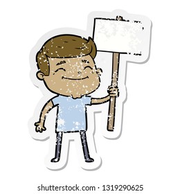 distressed sticker of a happy cartoon man with placard