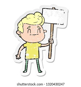 distressed sticker of a happy cartoon man with sign